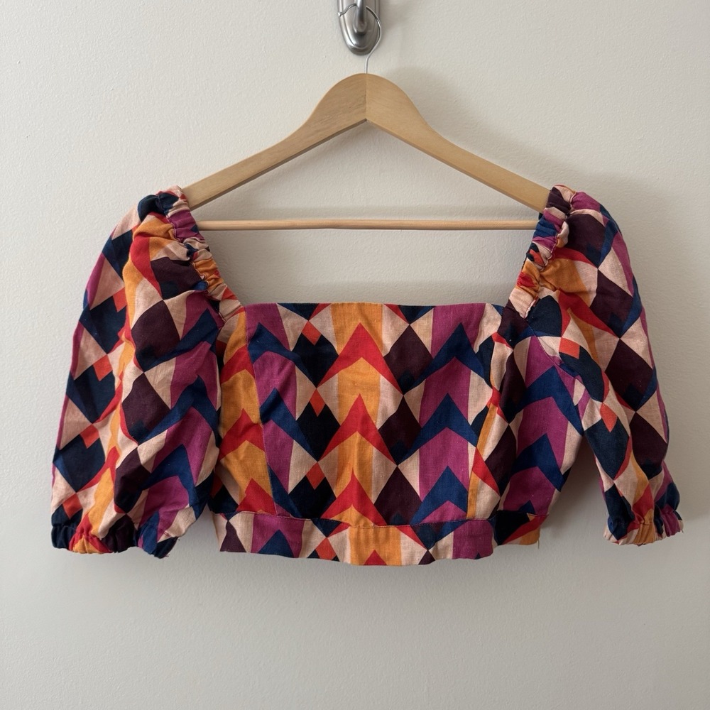 Farm Rio Lindeza Grafica Smocked Linen Crop Top Womens Large Square Neck Flawed